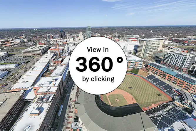 Aerial 360 pano of downtown Durham which is also known as a speherical panorama.