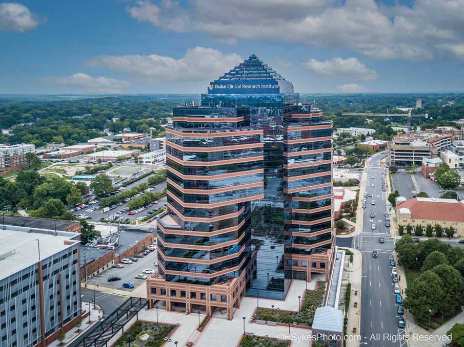 Duke's Clinical Research Institute is a landmark high-rise building in downtown Durham.